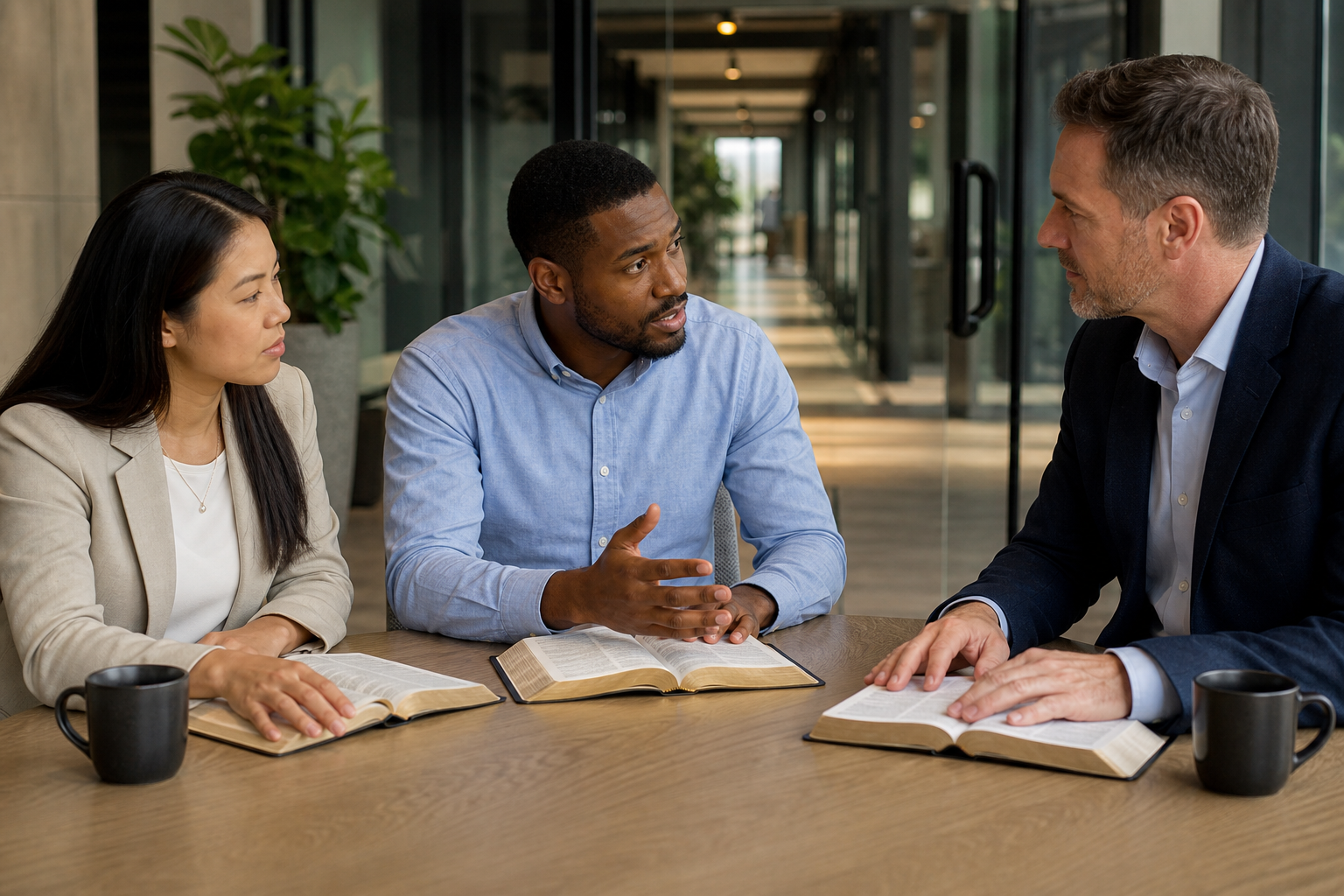Three adults studying an open Bible around a table