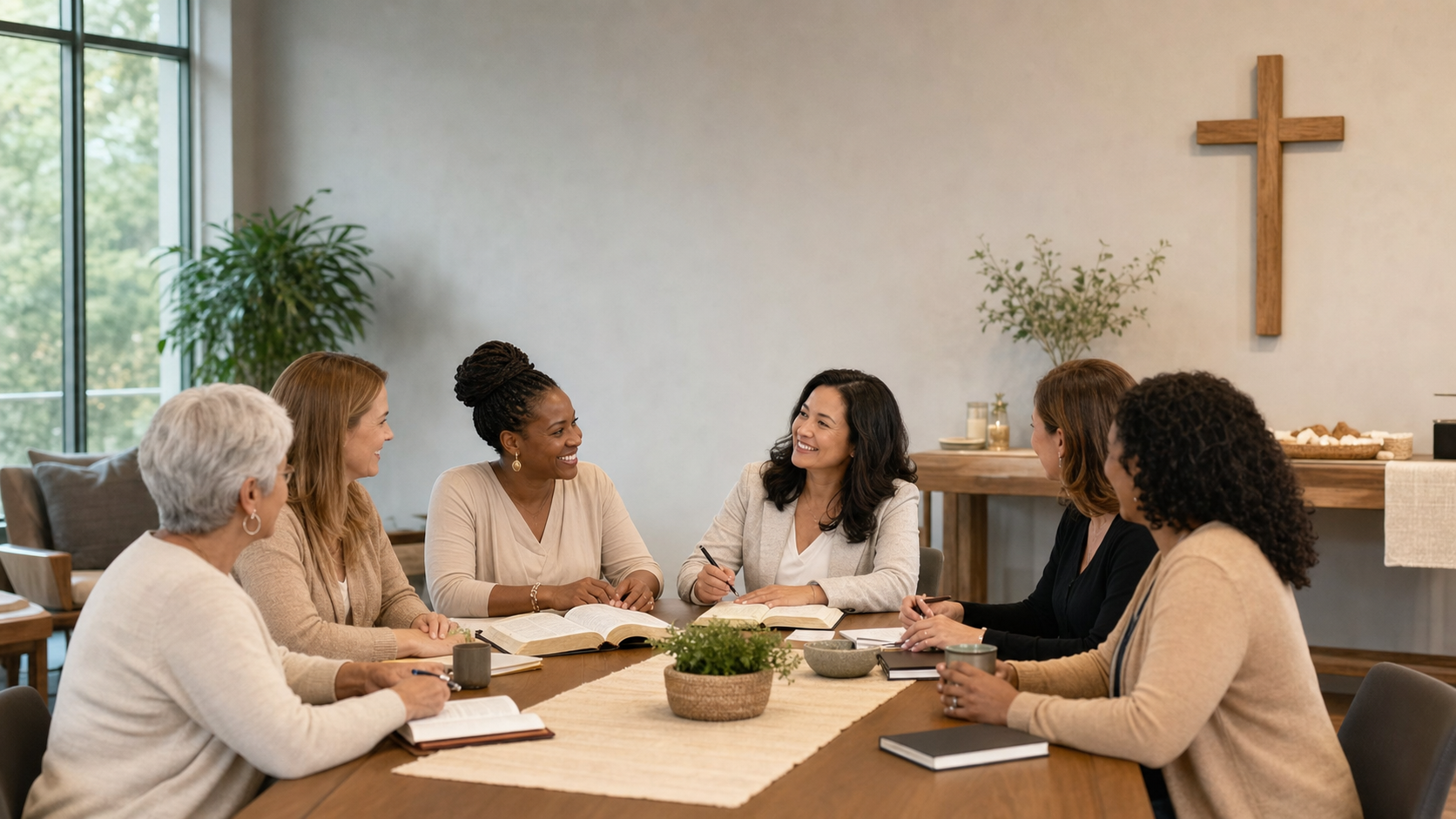 Women discussing an open Bible beside a wooden cross