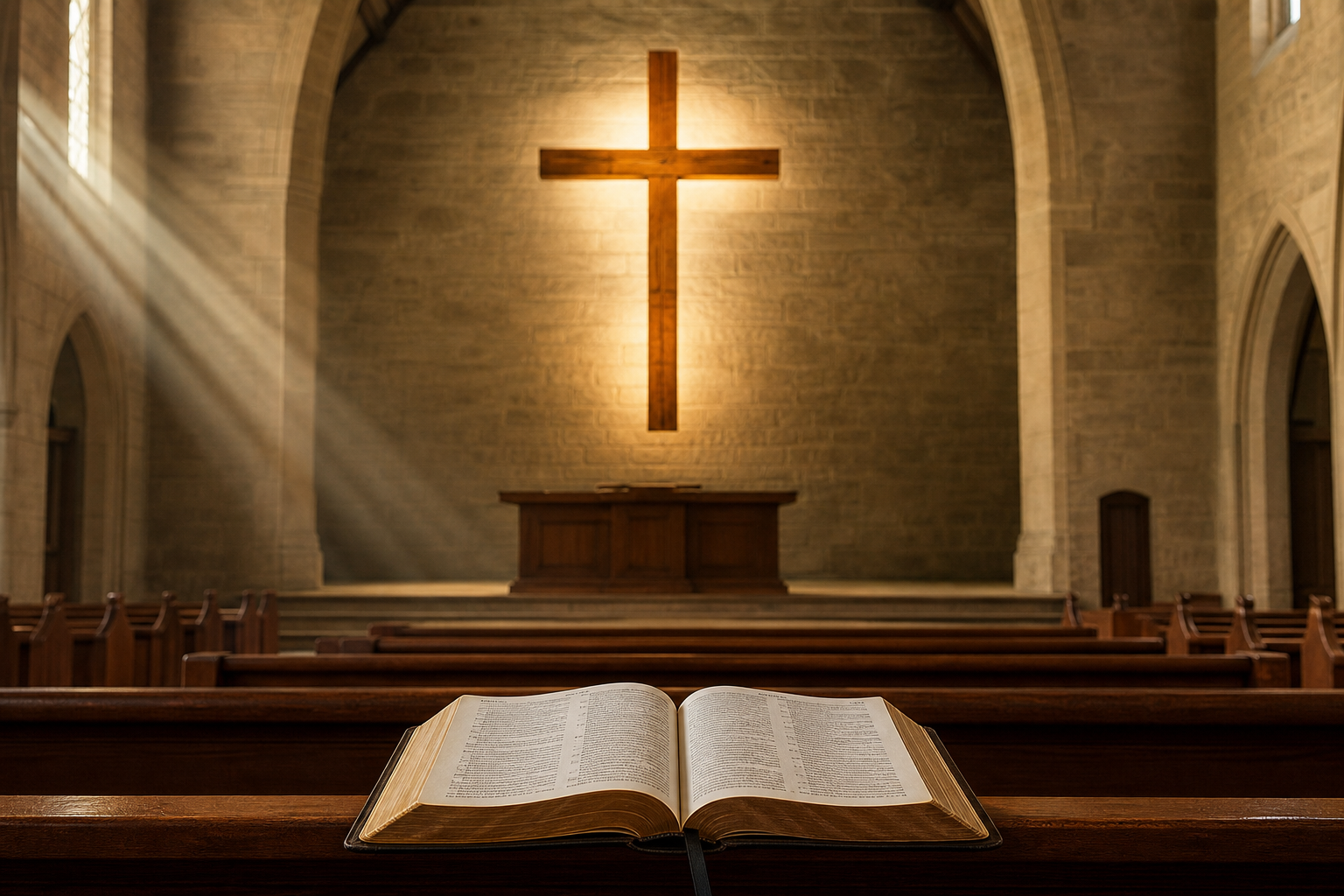 Wooden cross and open Bible in a church