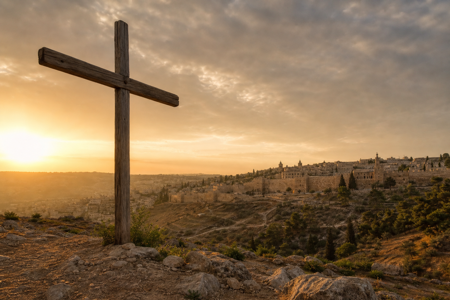 Wooden cross on a Jerusalem hillside near ancient buildings