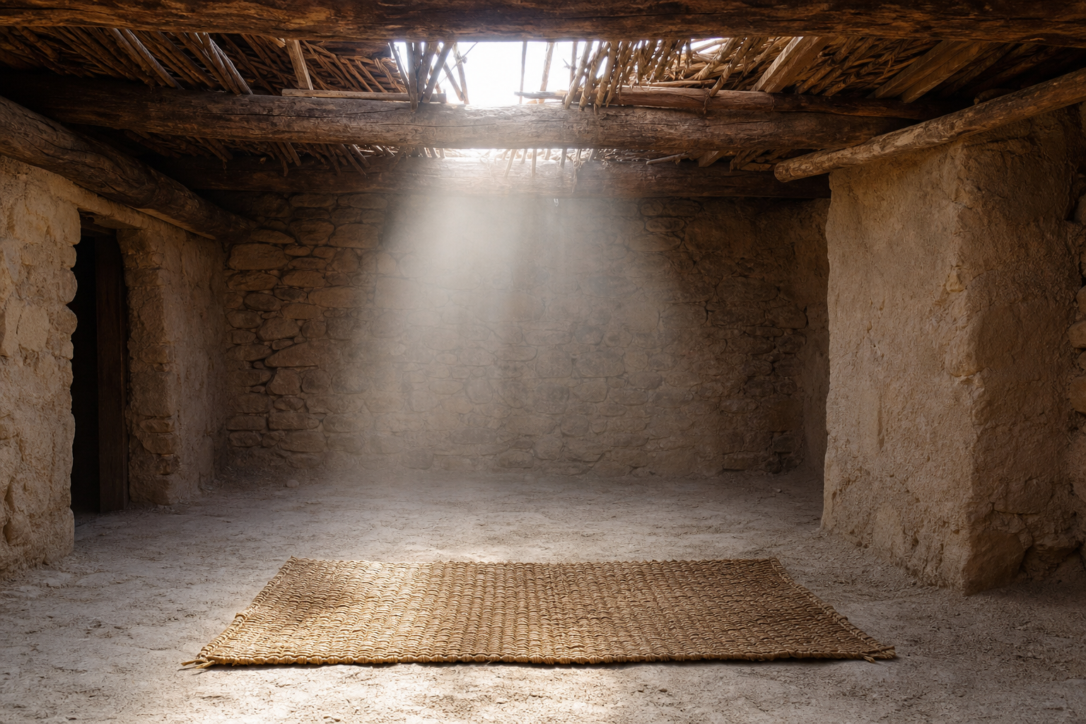 Woven sleeping mat beneath an open ceiling