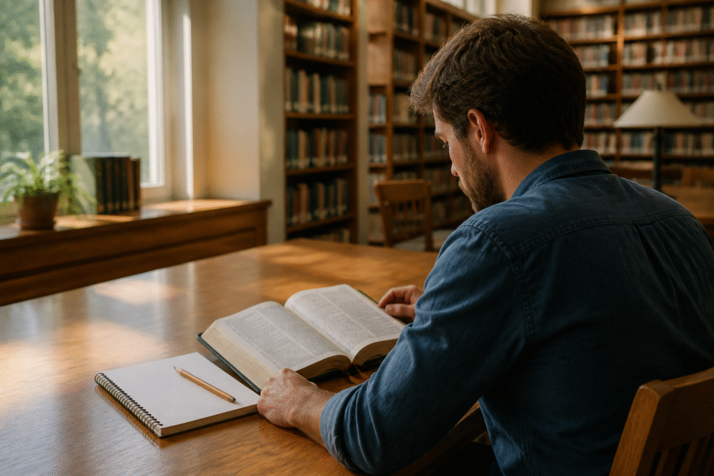 Christian studying an open Bible in a library