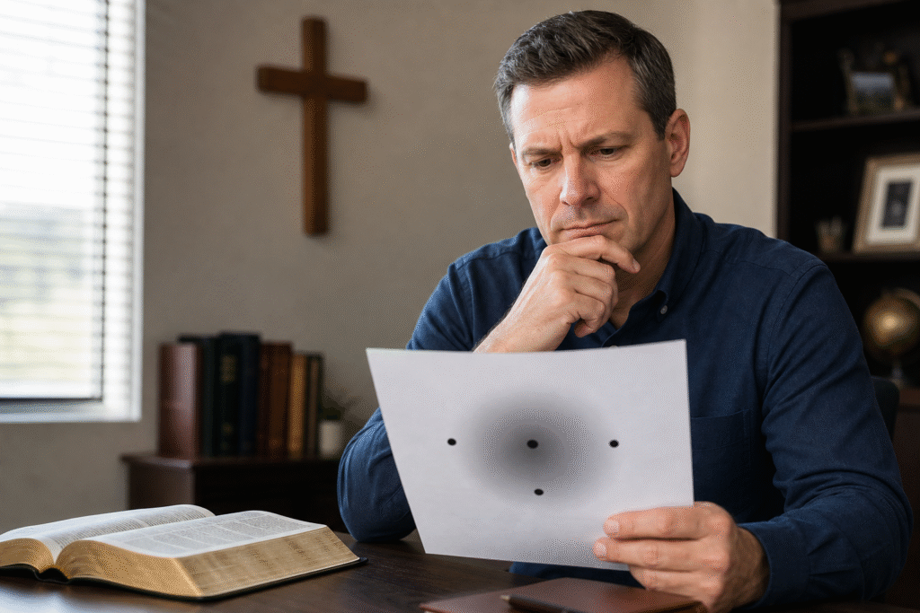 Adult examining a four-dot optical illusion beside an open Bible