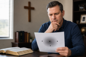 Adult examining a four-dot optical illusion beside an open Bible