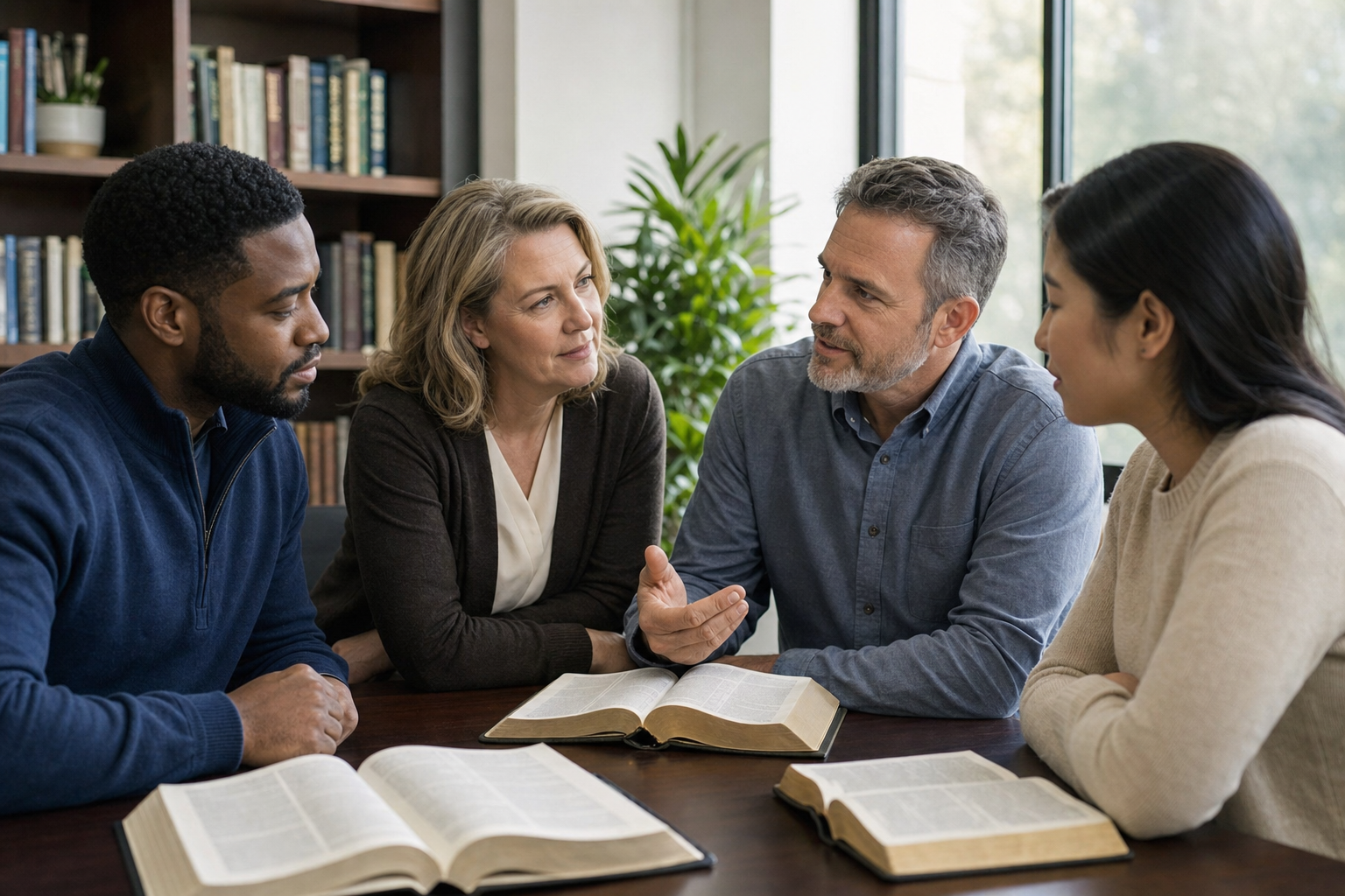 Adults studying John 9 together around an open Bible
