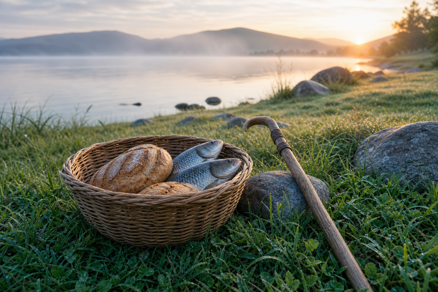 Basket of bread and fish beside a shepherd’s staff