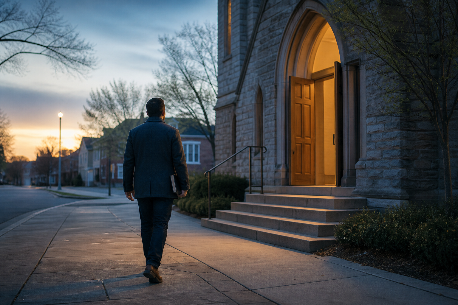 Believer walks toward a church carrying a Bible at dawn