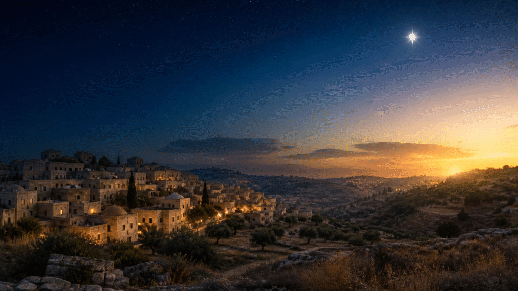 Bethlehem hillside with stone homes, olive trees, and a bright star