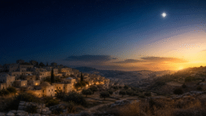 Bethlehem hillside with stone homes, olive trees, and a bright star