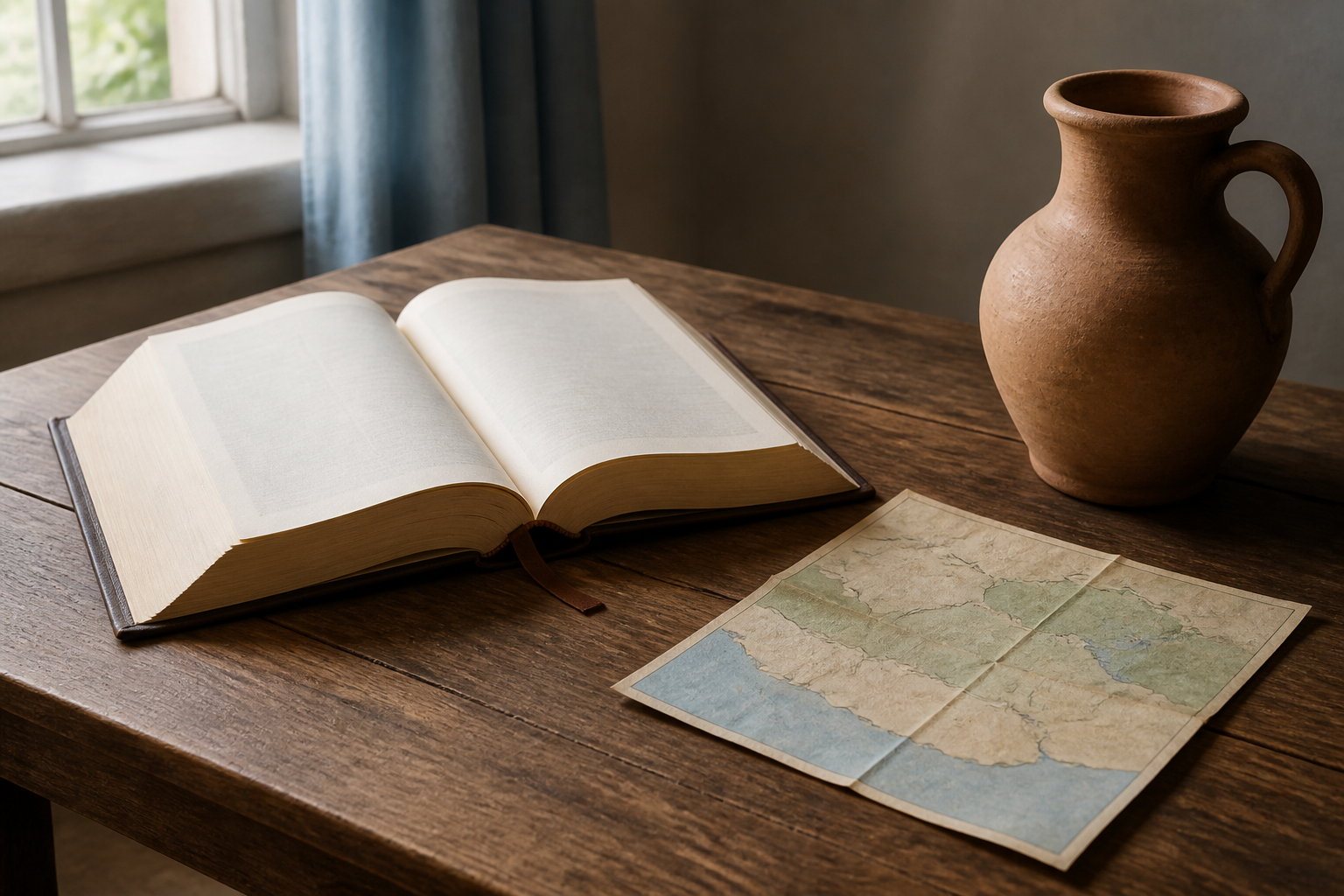 Open Bible, clay jar, and map on a wooden table