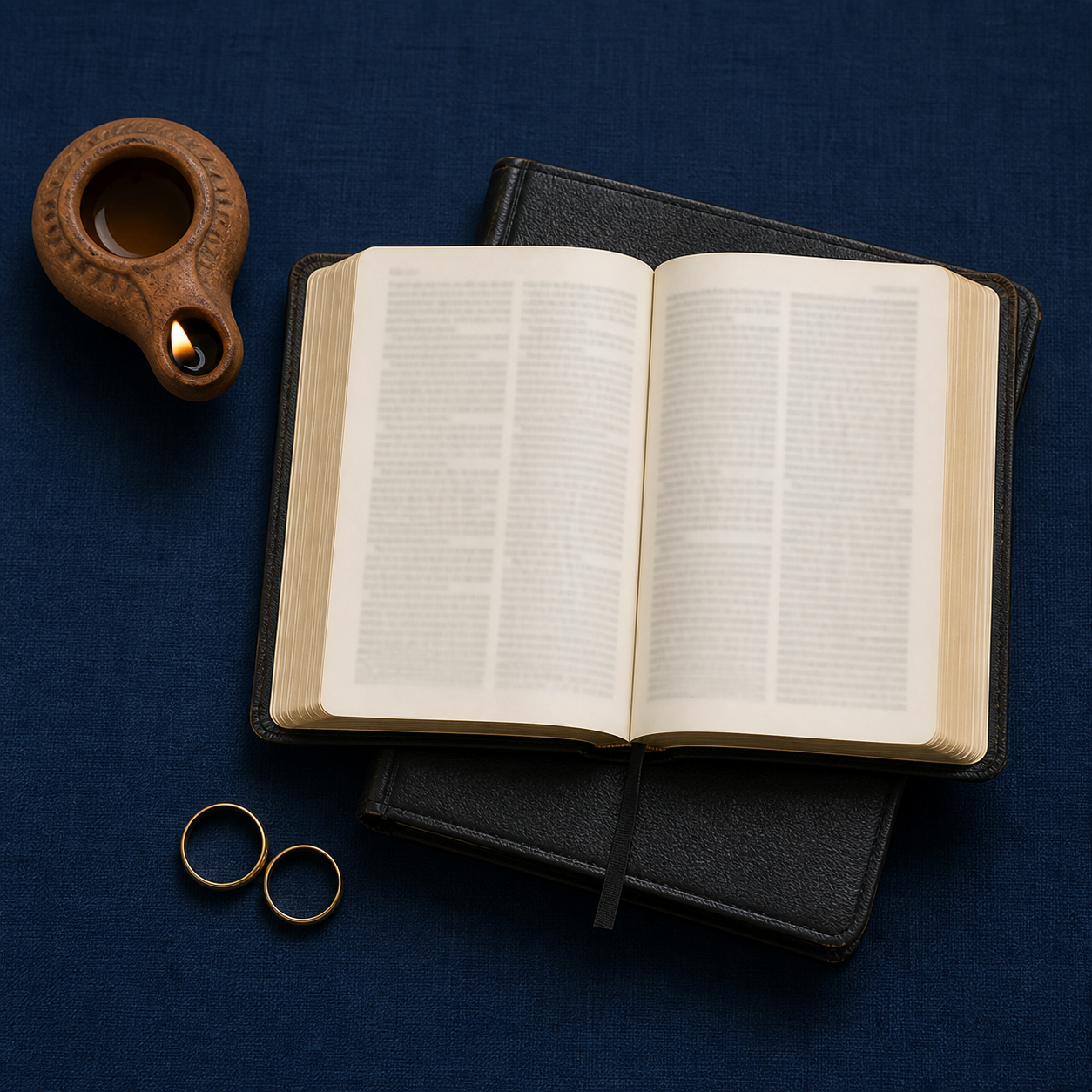 Open Bible and wedding bands on a blue study cloth