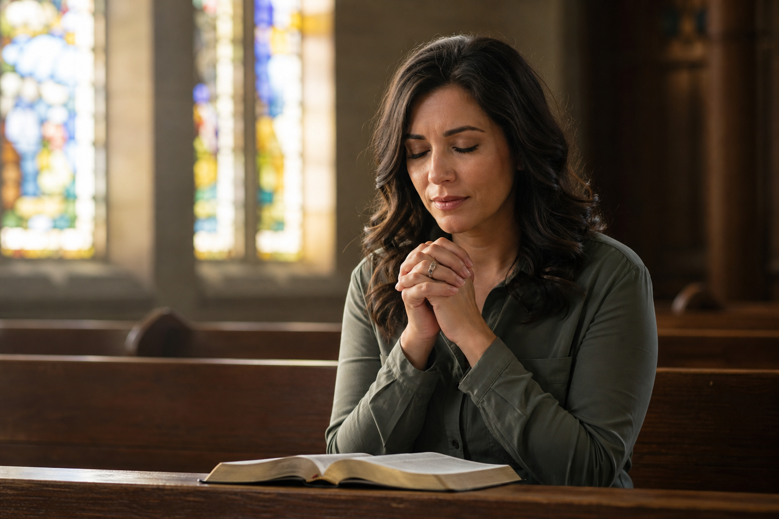 Christian adult praying beside an open Bible in church
