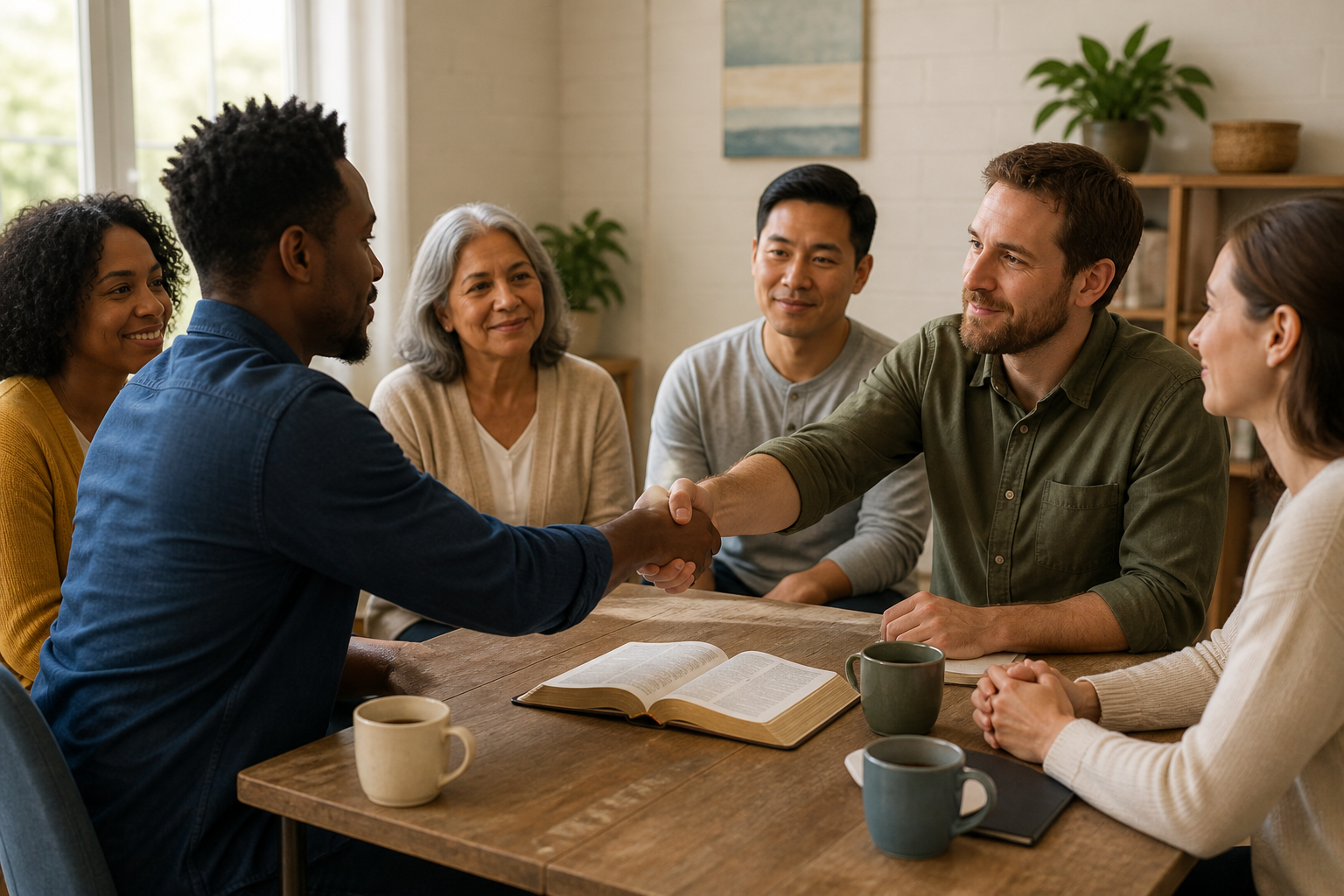 Christian friends reconciling around a table with an open Bible