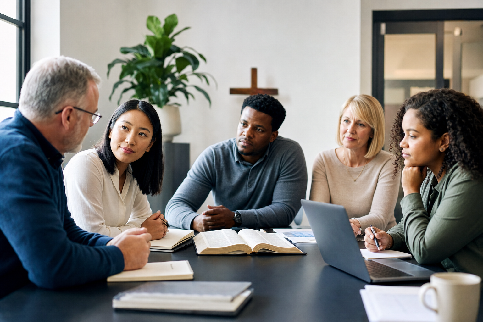 Christian leaders discussing service plans around an open Bible