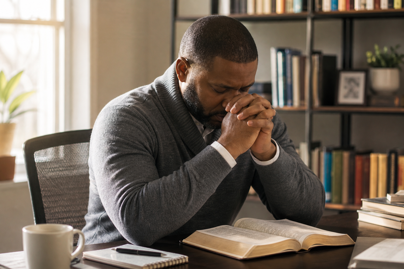 Christian professional praying beside an open Bible