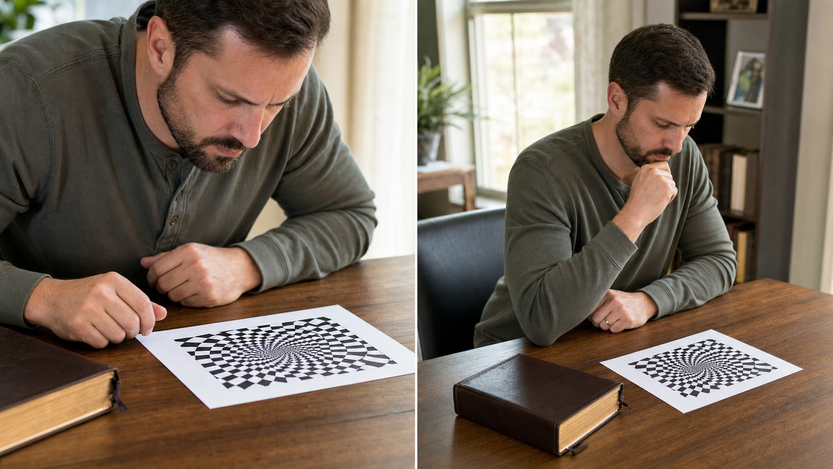 Christian viewer studying an optical illusion beside a Bible