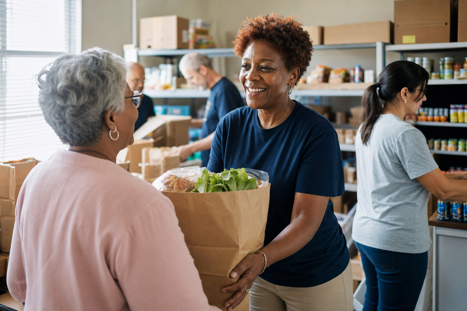 Christian volunteers giving groceries to a community member