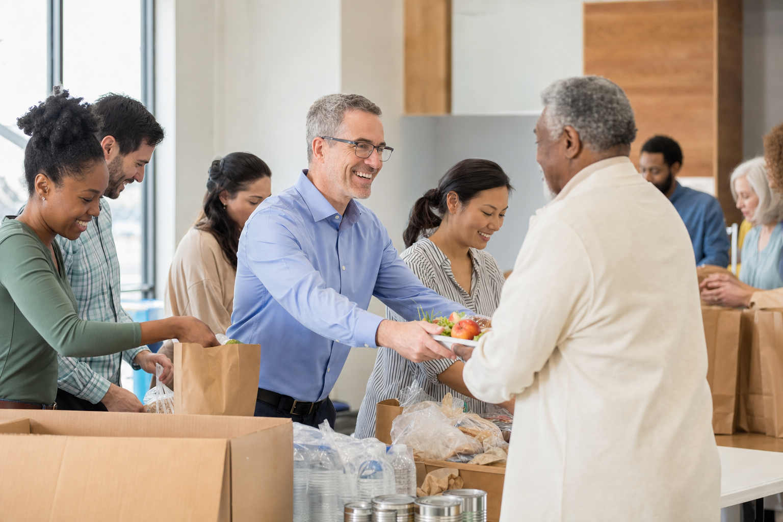 Christian volunteers serving meals and organizing care packages