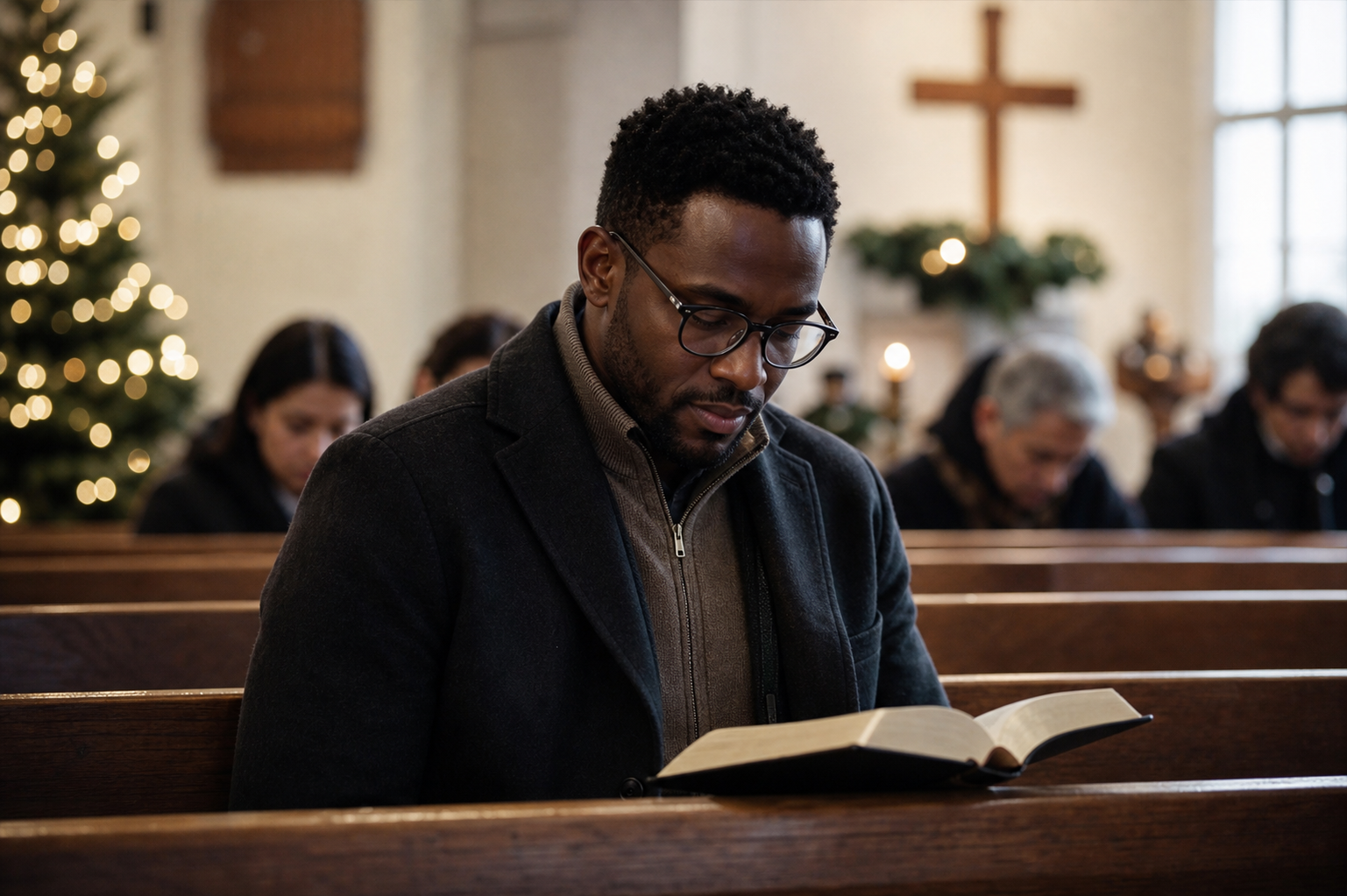 Christian worshipper reading Bible in a church pew