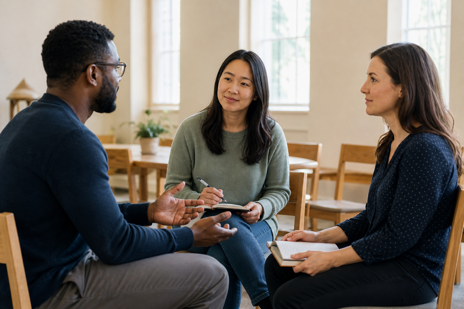 Three Christians listen to one another during a church discussion