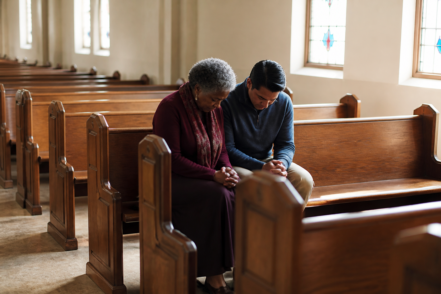 Two Christians praying together in a church pew