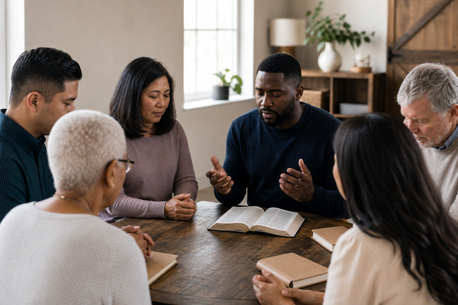 Christians praying together around a table with an open Bible