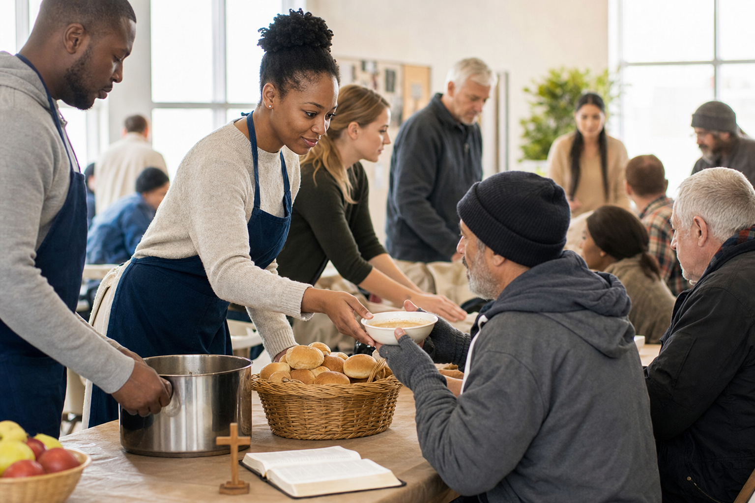 Christians serve neighbors with food, conversation, Bible, and cross