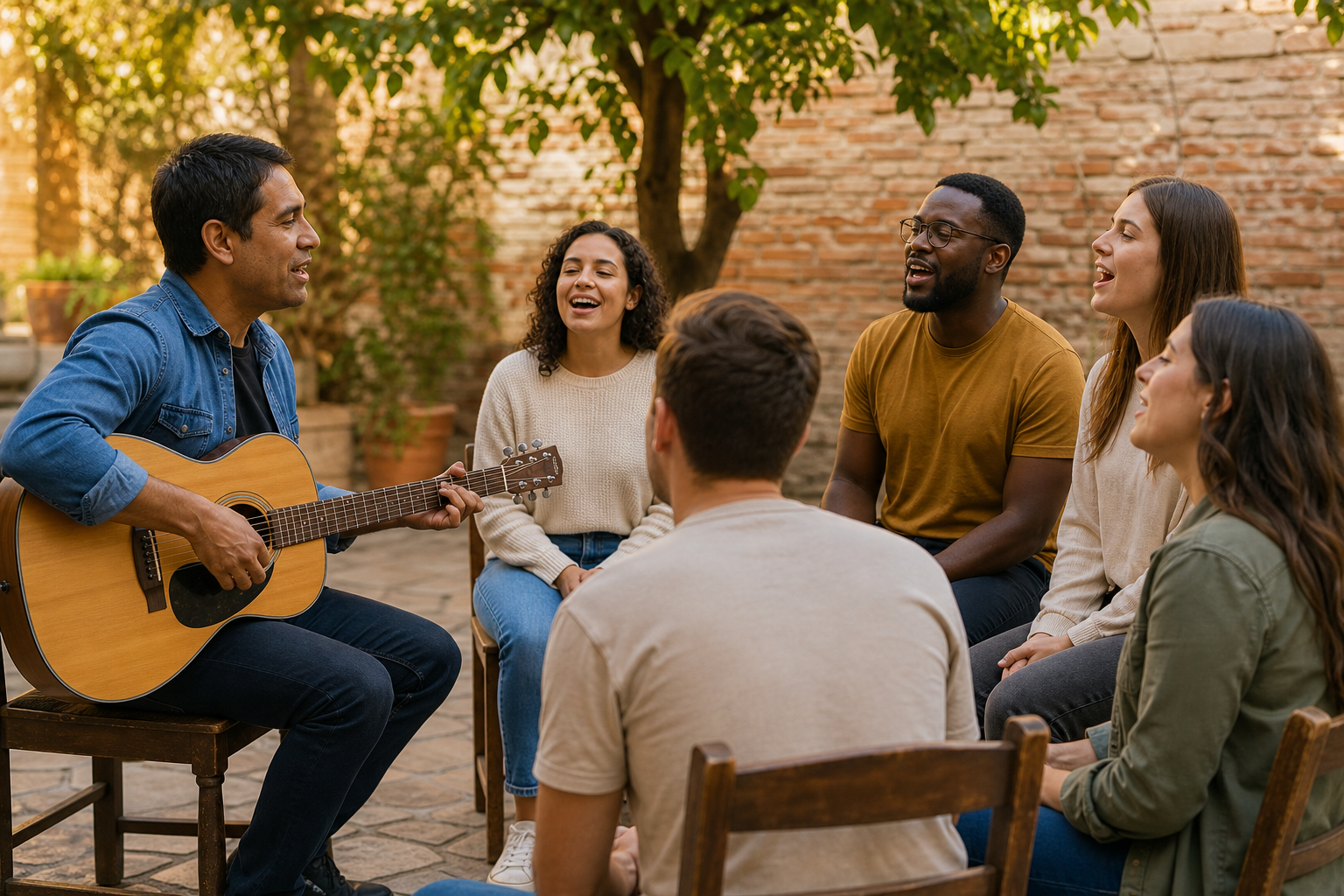 Christians sing together in an outdoor courtyard