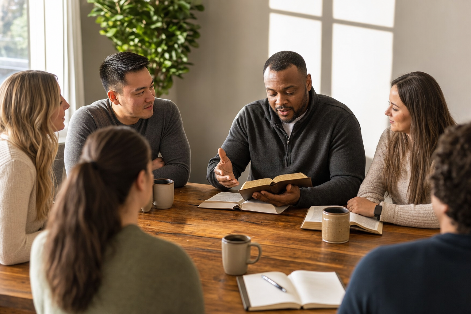 Christians studying an open Bible around a wooden table