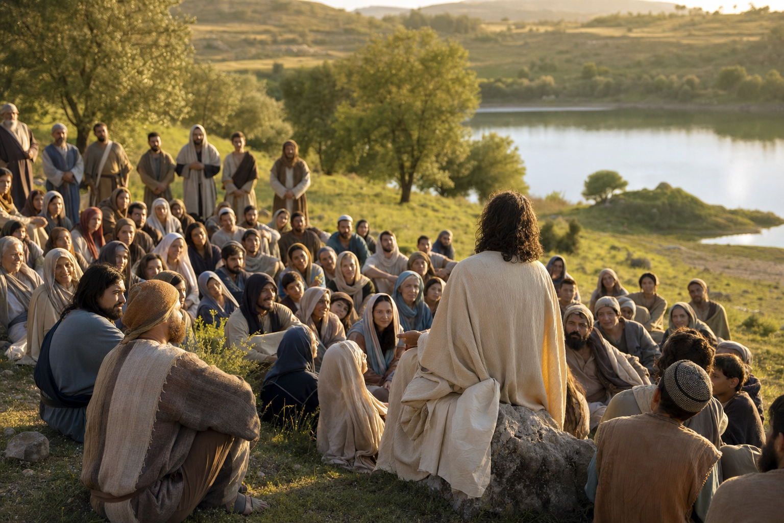 Crowd gathered on a hillside near a lake