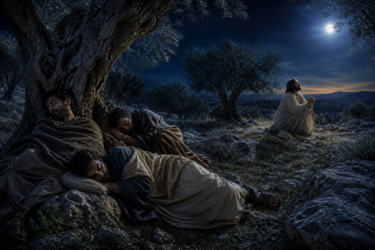 Disciples sleep beneath an olive tree while Jesus prays nearby