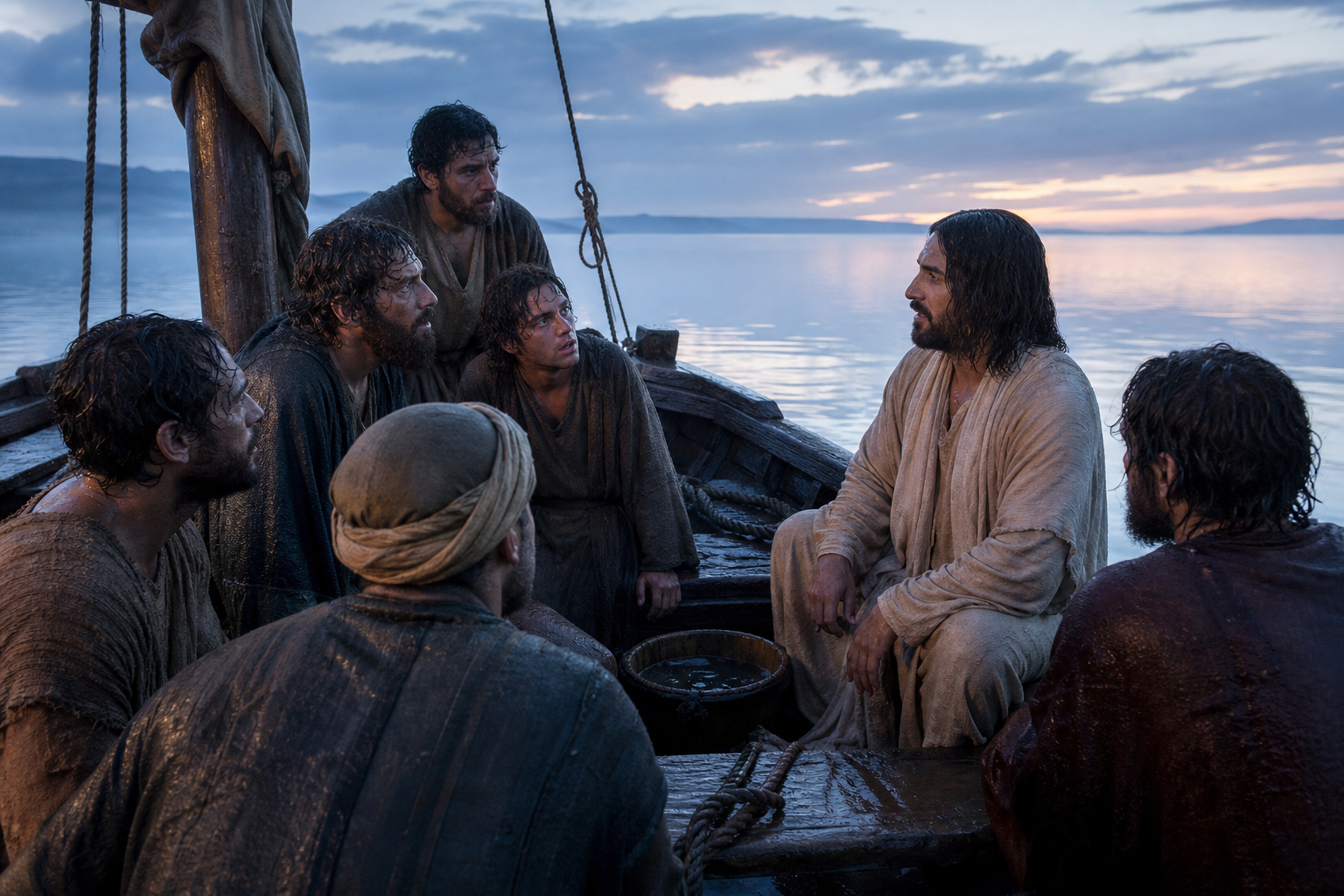 Soaked disciples looking at Jesus in awe after the sea becomes calm