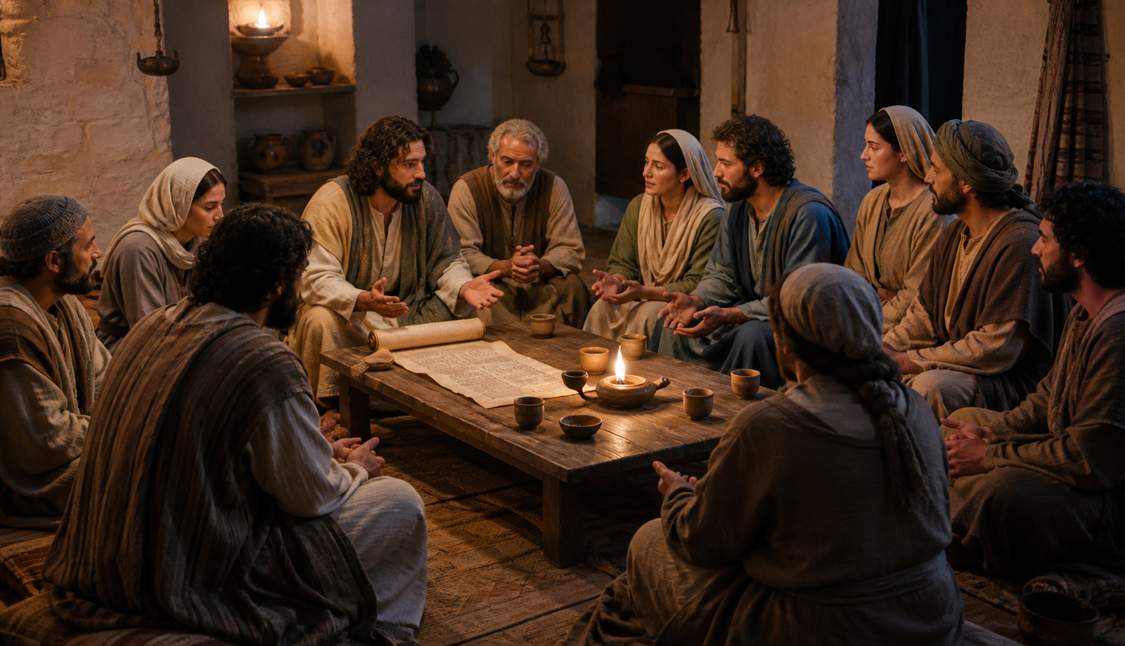 Early Christians praying around a scroll in a Jerusalem upper room