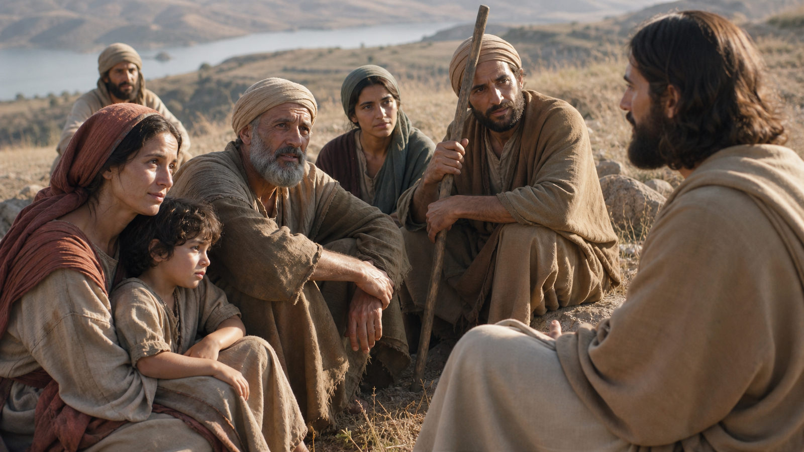 Families listening closely as Jesus teaches the Beatitudes