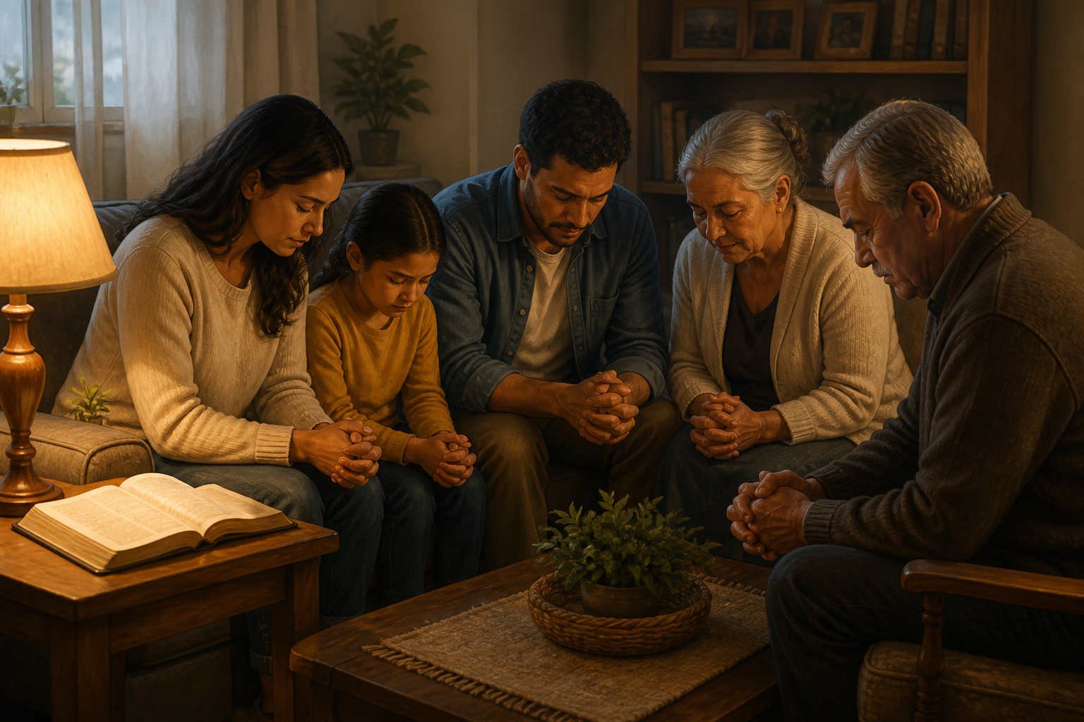 Family praying together in a warm living room beside an open Bible
