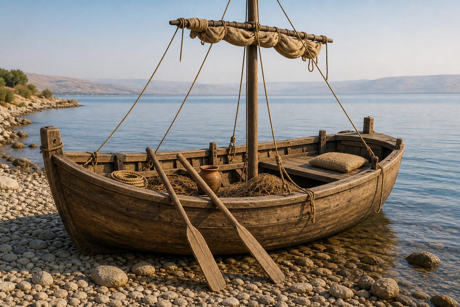 A first-century Galilean fishing boat with oars, nets, rope, and a stern cushion