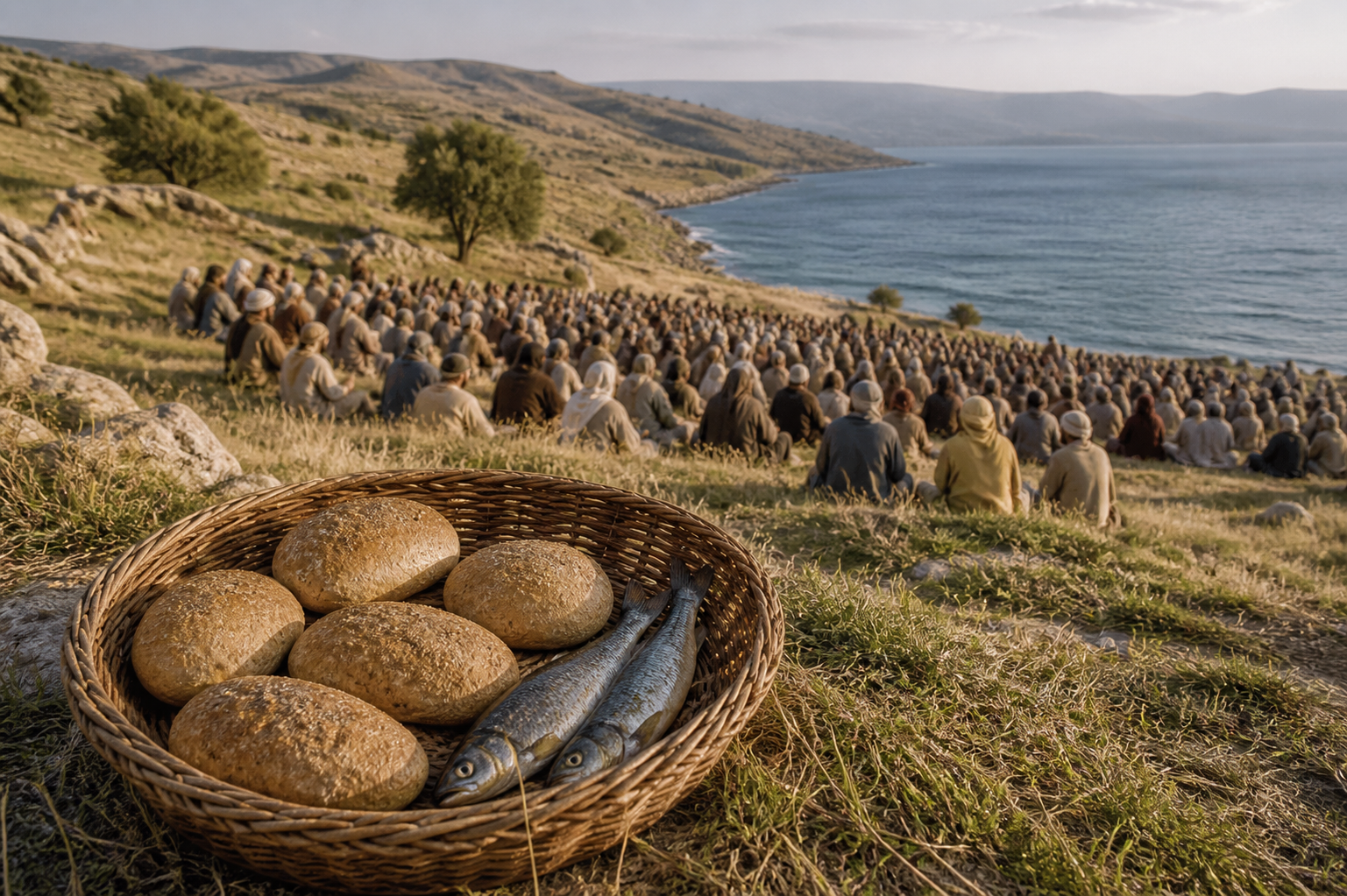 Five barley loaves and two fish in a basket before a crowd by the Sea of Galilee