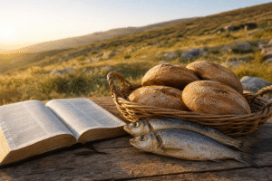 Five loaves, two fish, and an open Bible on a basket
