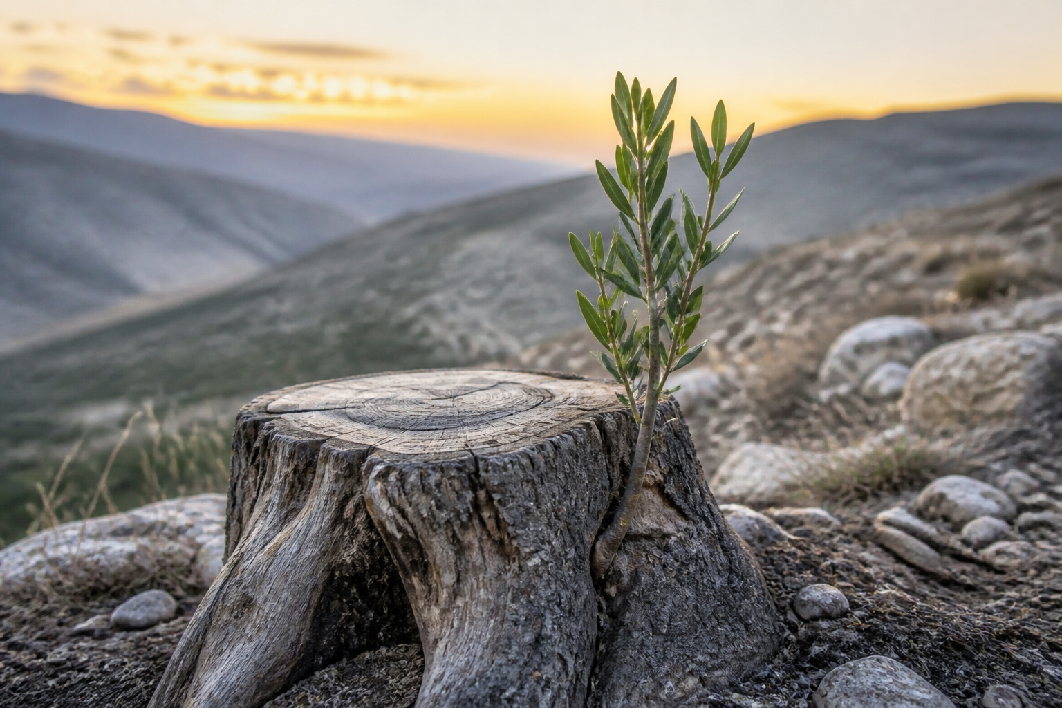 A fresh green shoot growing from an old cut tree stump