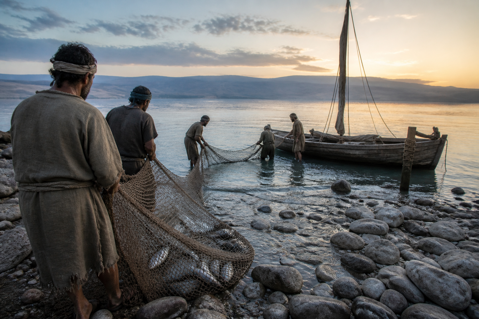 Galilean fishermen draw a net beside a wooden boat at dawn