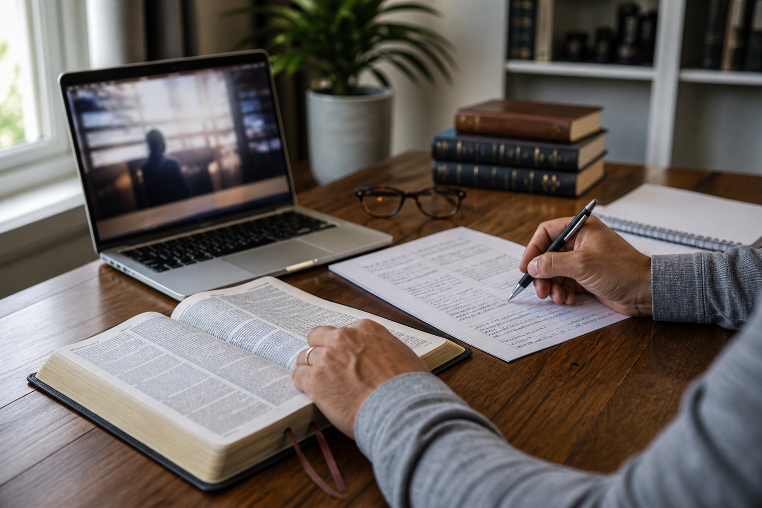 Hands comparing open Bible with notes beside laptop