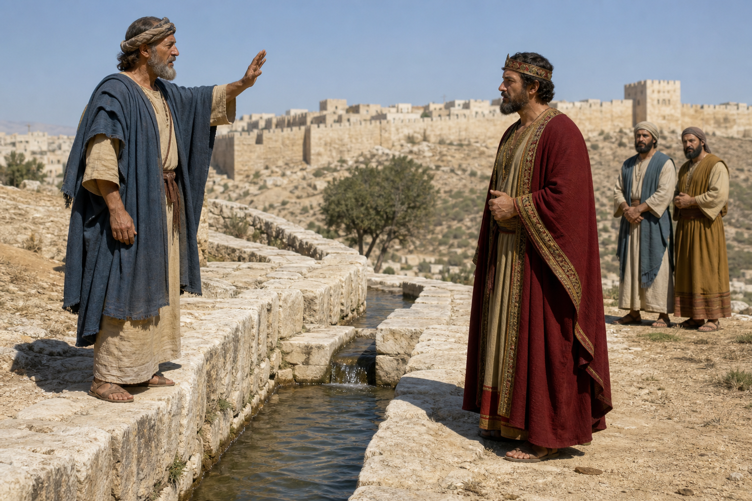 Isaiah speaking to King Ahaz beside Jerusalem's upper pool