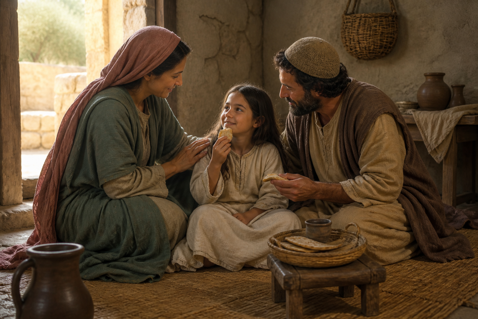 Jairus’s daughter eating bread with her parents after Jesus restored her