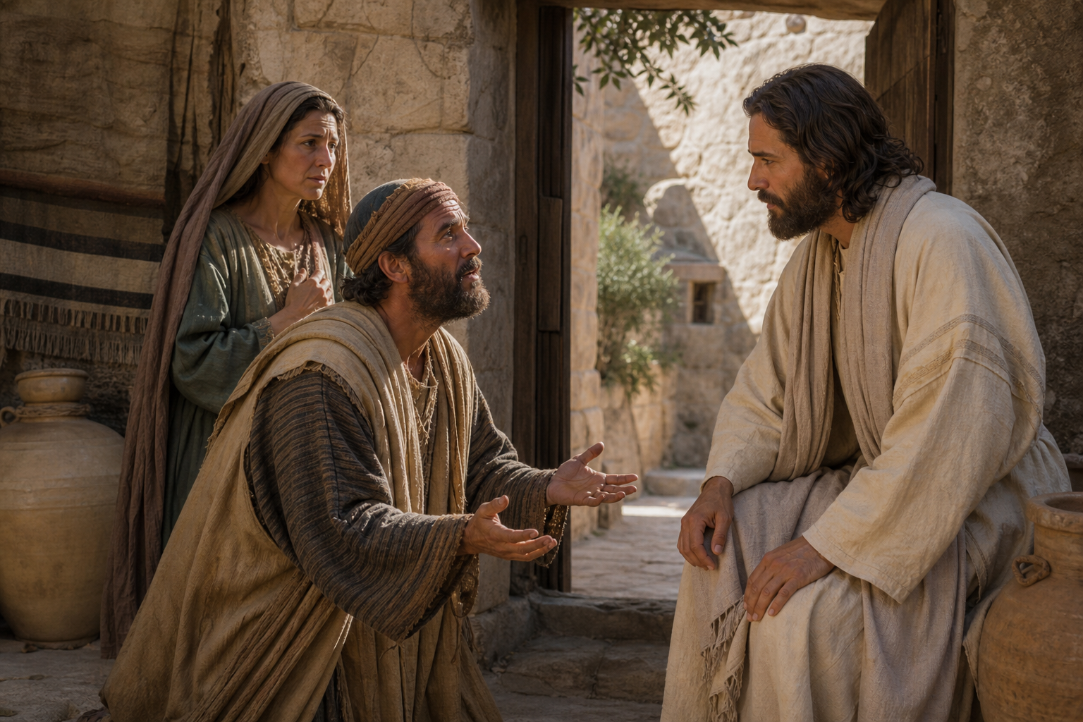 Jairus pleading with Jesus in a Galilean doorway