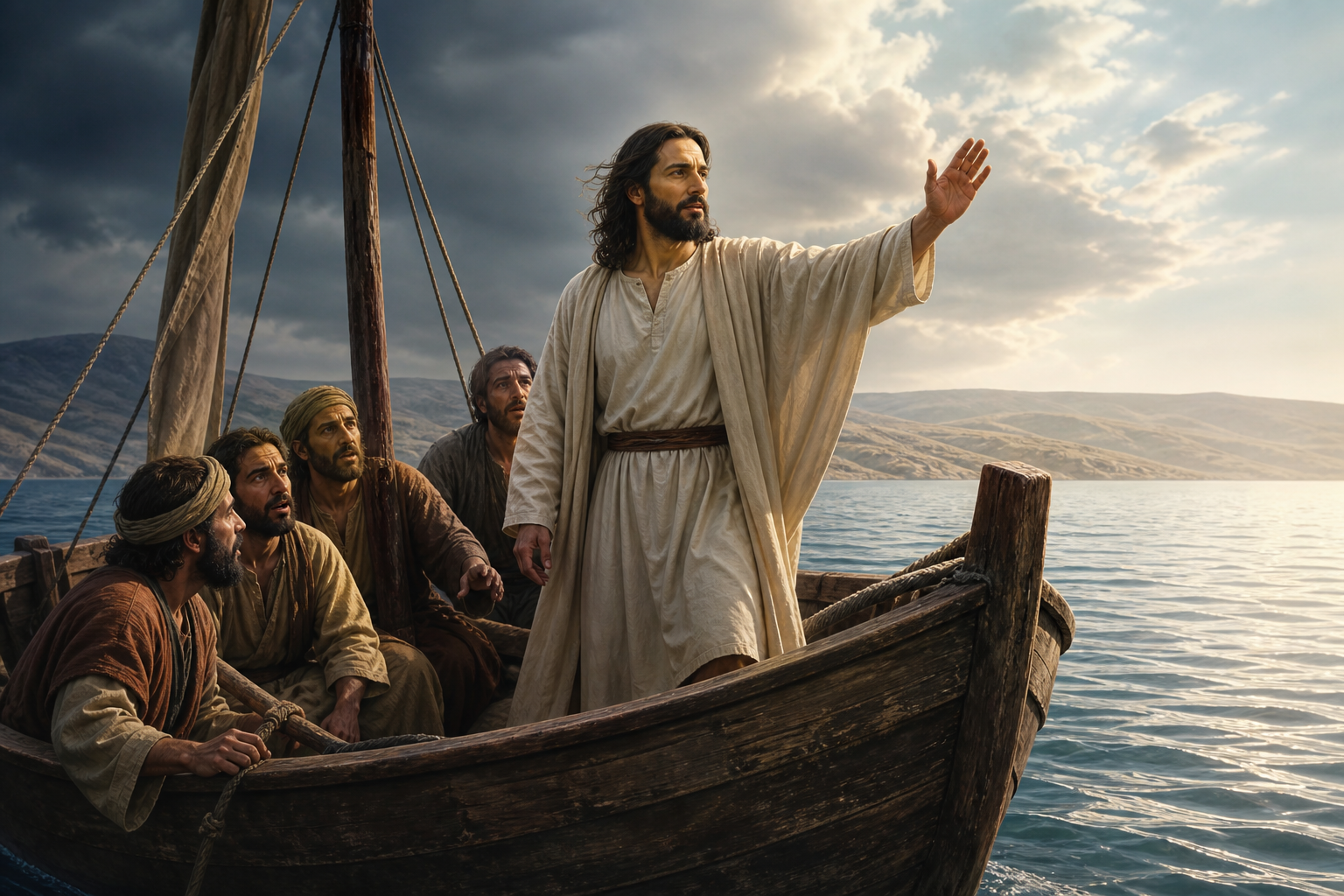 Jesus standing in a wooden boat as disciples face a storm on the Sea of Galilee