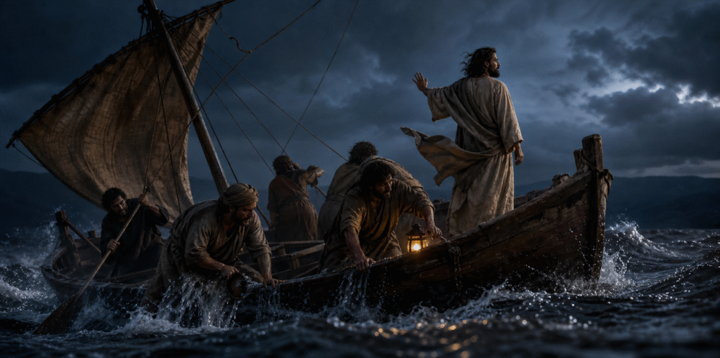 Jesus commanding a storm to be still as disciples work in a flooded boat