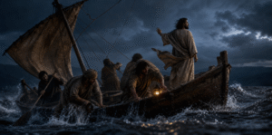 Jesus commanding a storm to be still as disciples work in a flooded boat