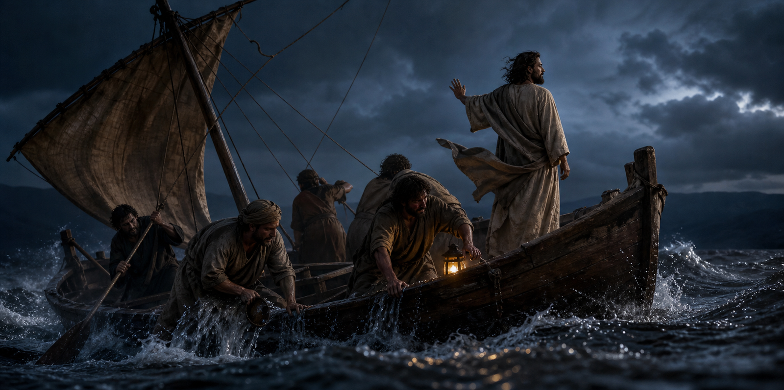 Jesus commanding a storm to be still as disciples work in a flooded boat