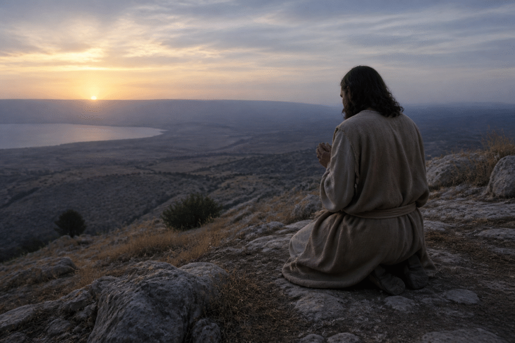 Jesus Christ praying alone on a hillside at sunrise