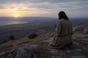 Jesus Christ praying alone on a hillside at sunrise